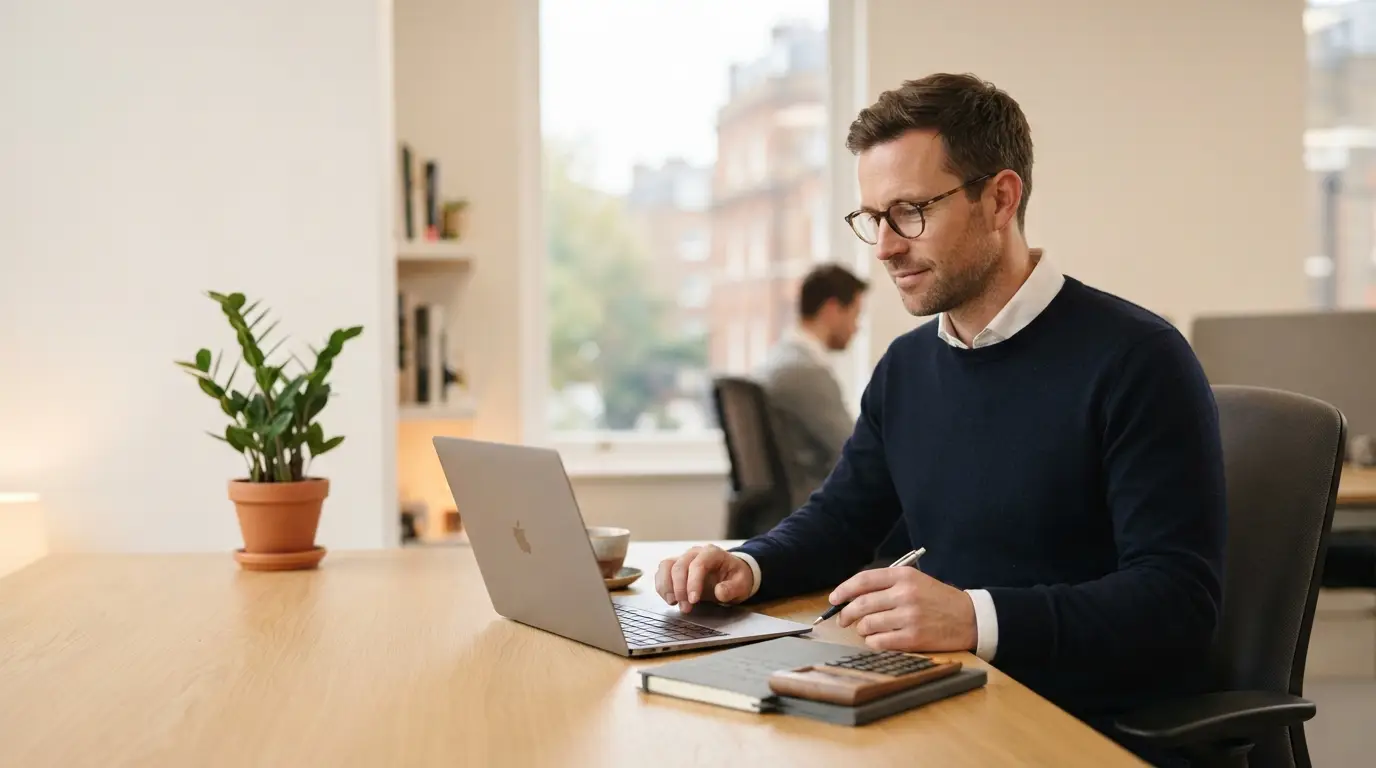 A tax professional working at a laptop in a bright office