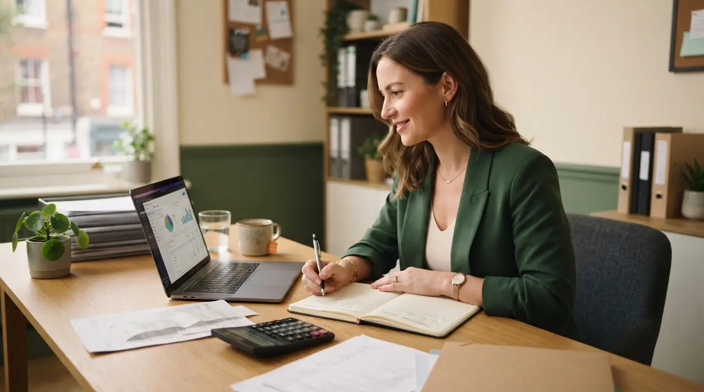 Business owner reviewing bookkeeping records and receipts alongside a laptop