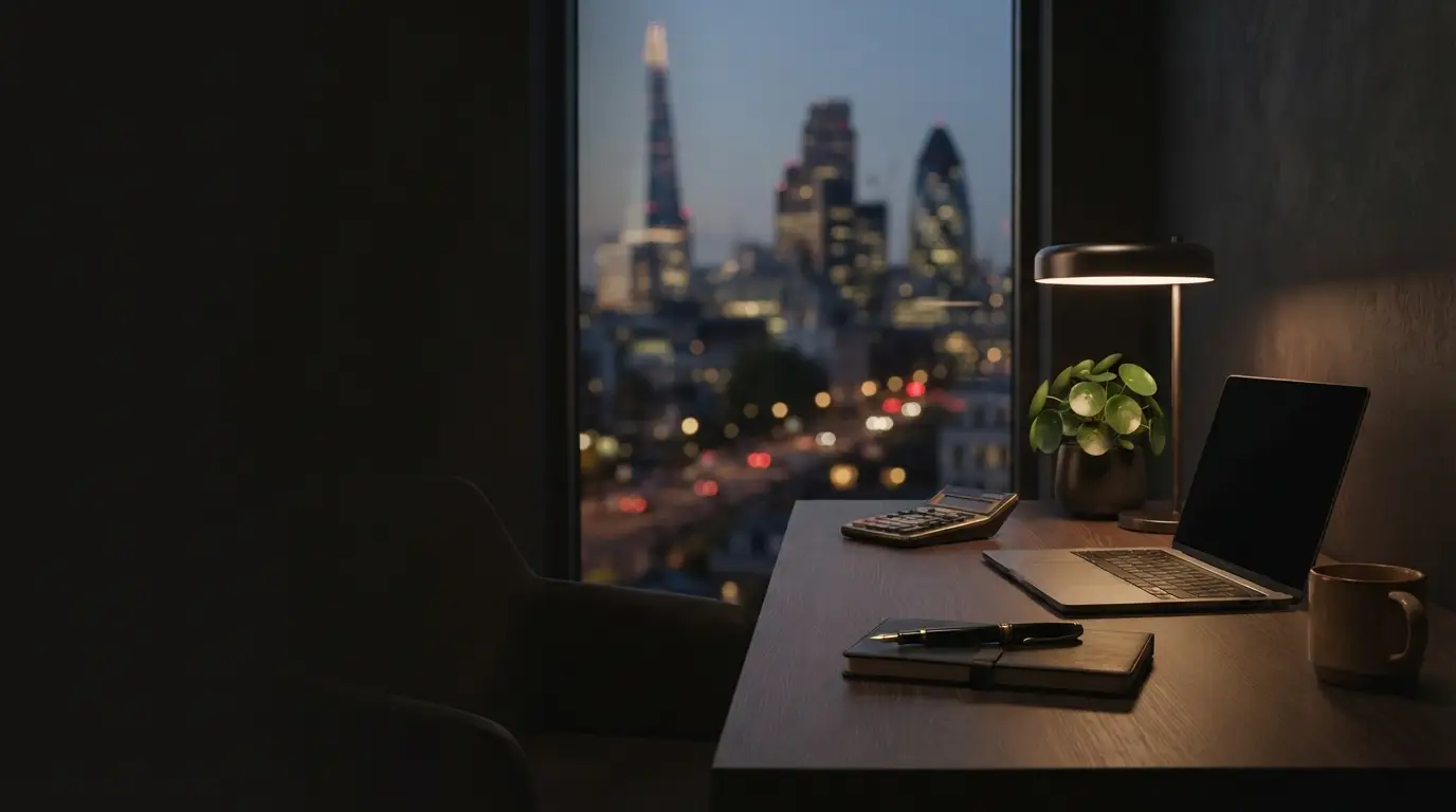 Desk with a laptop and calculator overlooking a city skyline in the evening
