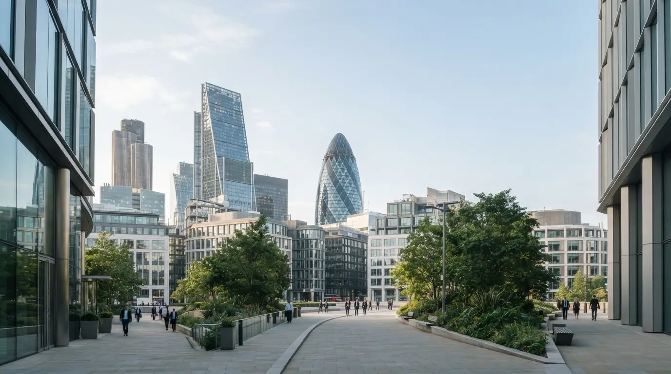 People walking through a UK city financial district