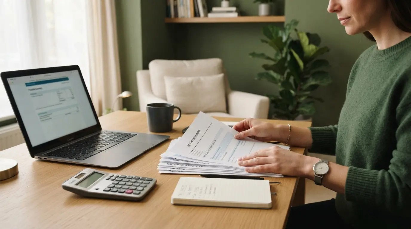 Person organising Self Assessment paperwork and receipts at a home desk