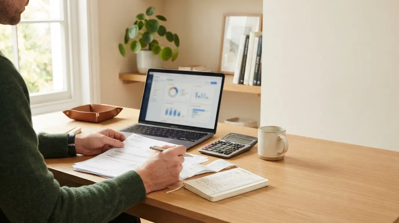 Business owner reviewing a financial dashboard and calculator while checking VAT figures