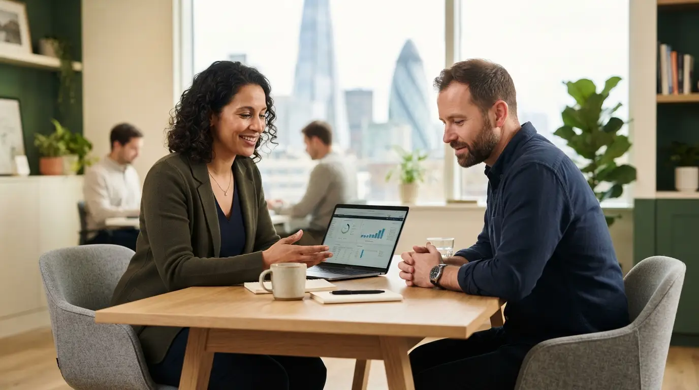 Payroll professional meeting with a business owner in an office
